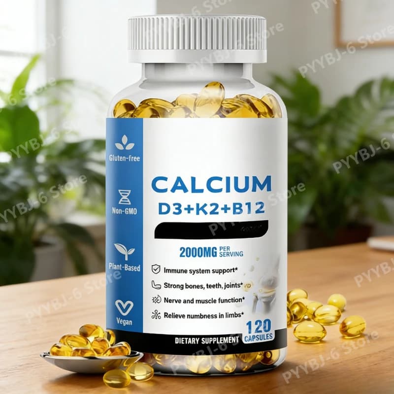 Calcium with Vitamin D3, K2 and B12 - 120 Vegan Capsules, Daily Food Supplement for Nutritional Support, Vegetal Base, Non-GMO, for Adults