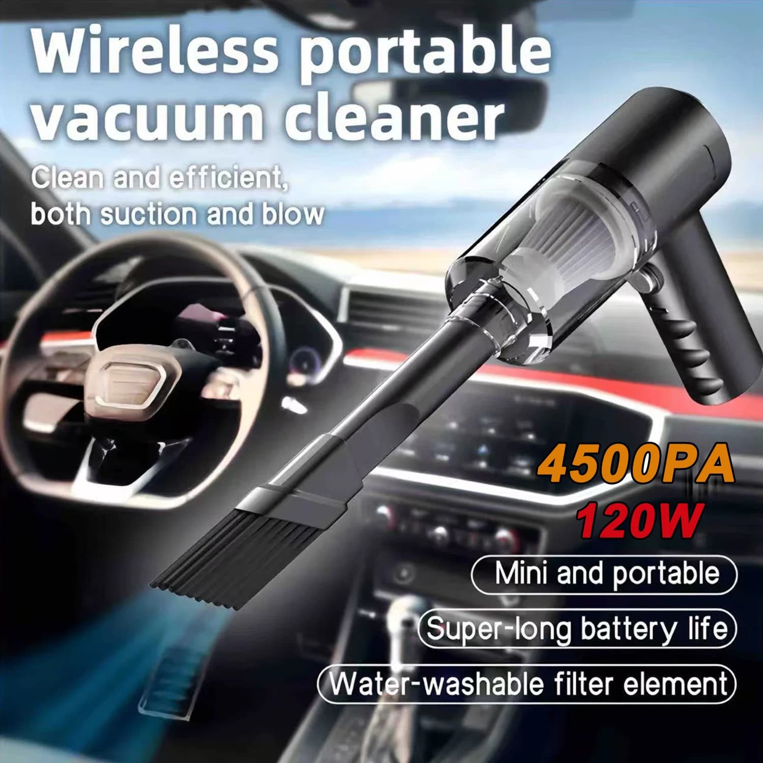 PCMOS 1PC Aspirapolvere wireless a doppio uso per casa e auto Aspirapolvere potente ad alta potenza da 120 W Nero