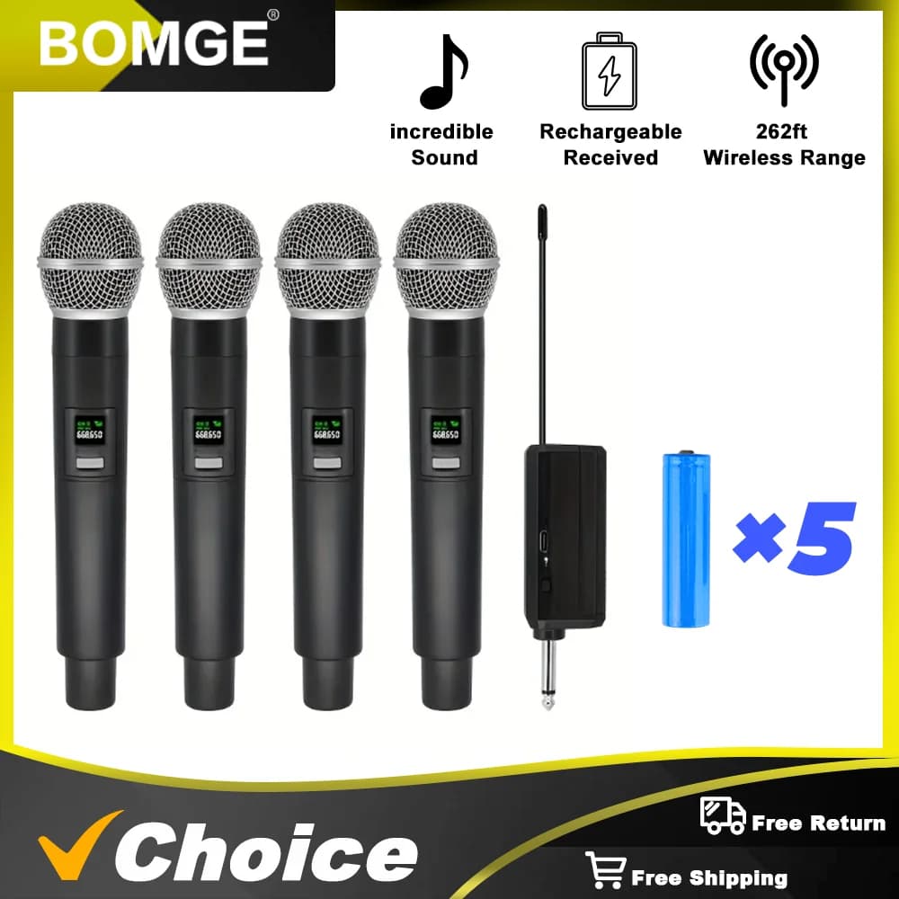 BOMGE Microfono wireless a 4 canali Microfono Karaoke a frequenza fissa con batteria ricevitore ricaricabile per altoparlante per feste in casa