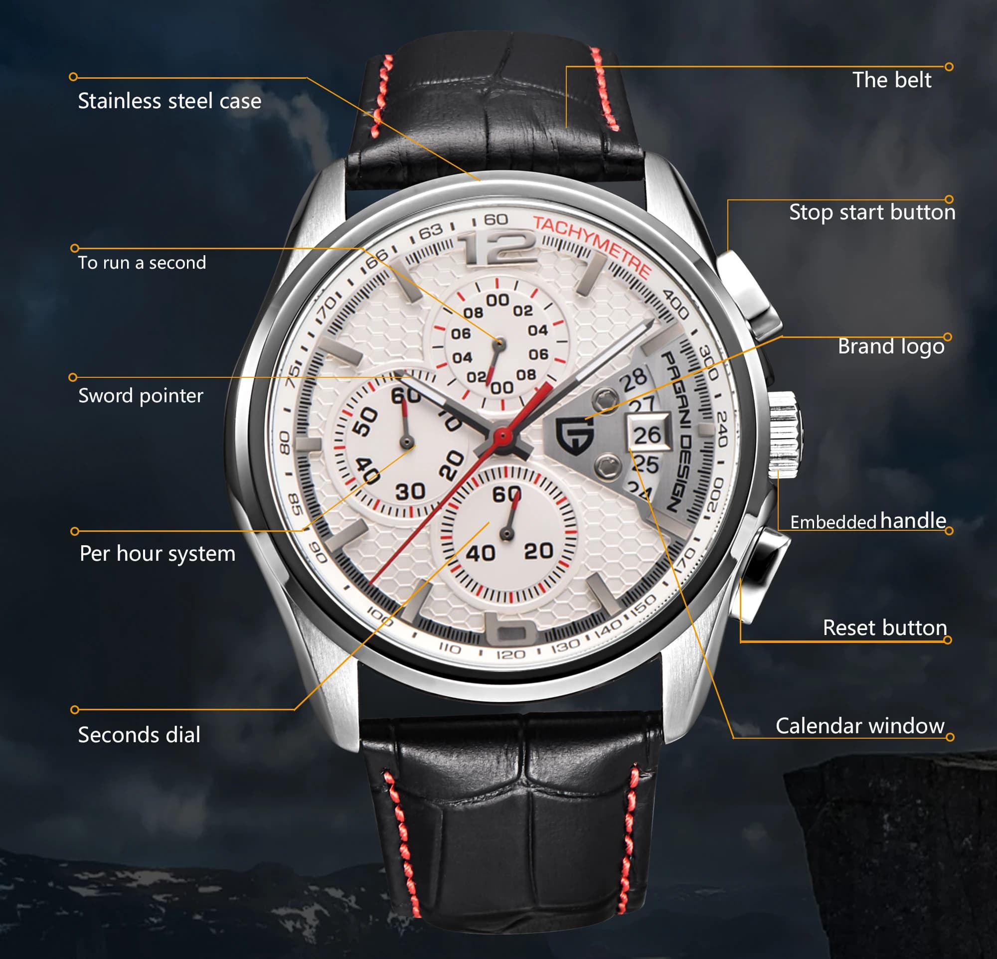 Men's Watch Pagani PD3306 at the Quartz, Waterproof 50M, Bright, With Date Display, High Strength Mineral Glass, Leather Strap, NEW 2026