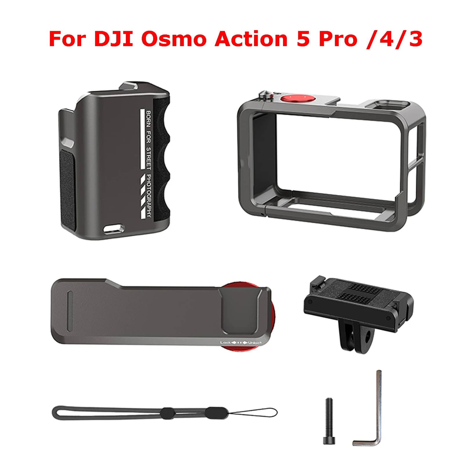 Street Photography Set for DJI Osmo Action 5 Pro/4/3, Aluminum Alloy Grip with Cold Shoe