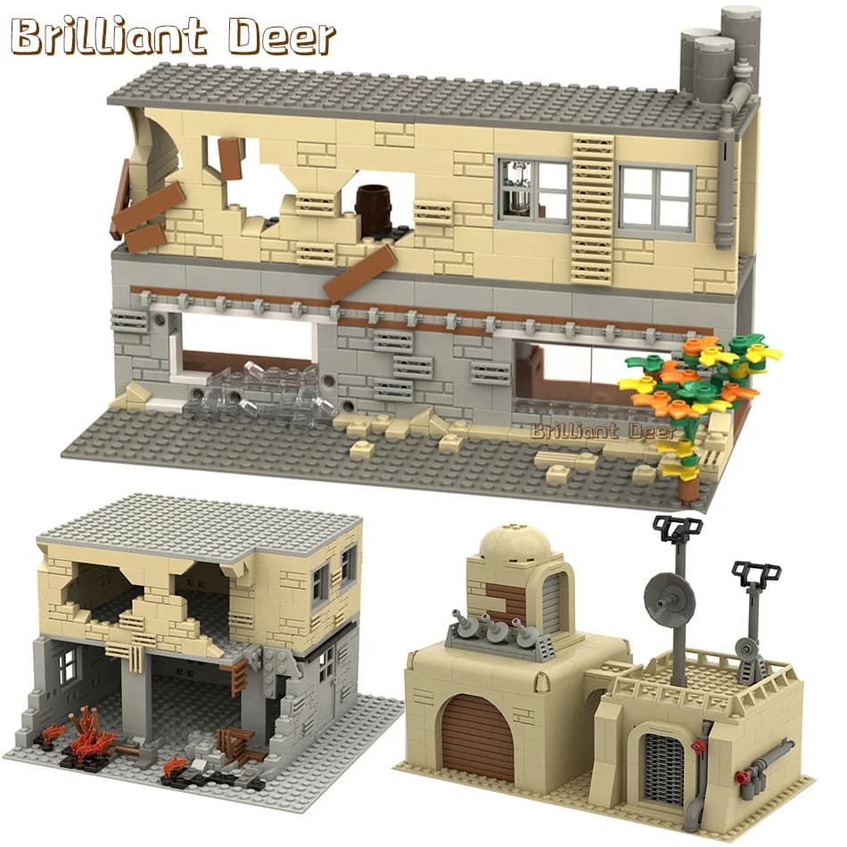 Edifici rovesciati abbandonati MOC WW2 Pubg Base militare Scene fai da te Blocchi di costruzione Set Parti per soldati dell'esercito Figure Ragazzi Giocattoli