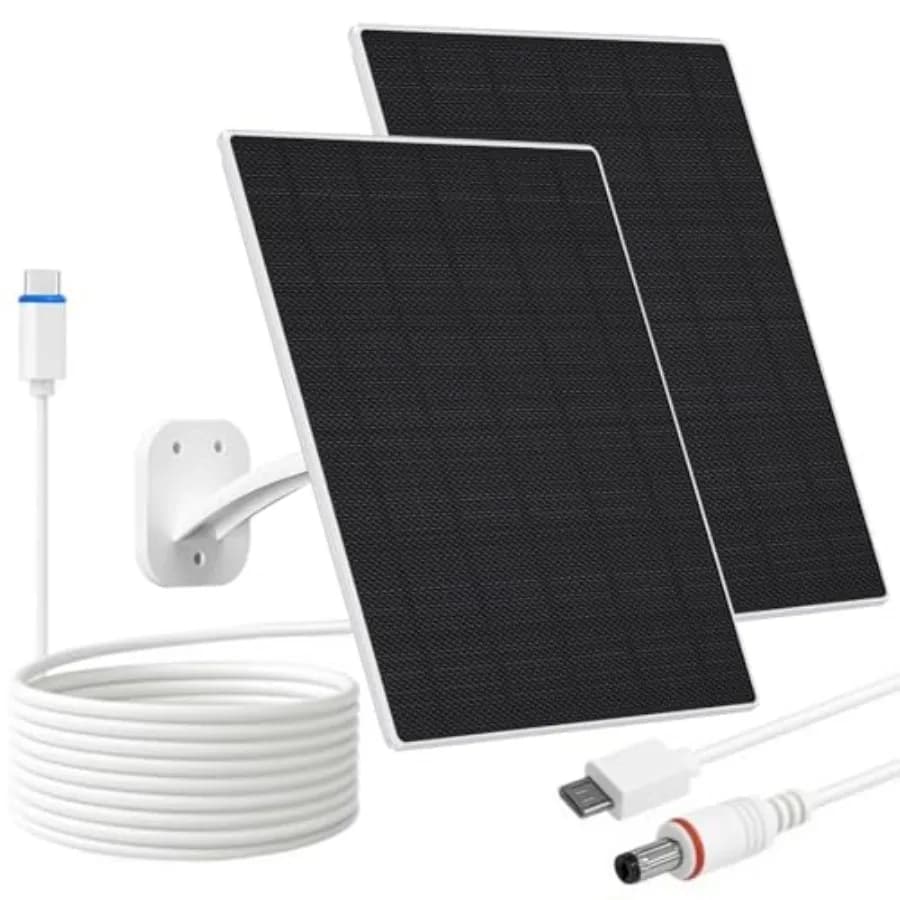 Pannello Solare per Telecamera di Sicurezza, Caricatore Solare 10W con Porta DC 5.5x2.1mm, USB-C e Micro USB, Impermeabile IP66, 360° ° Regolabile