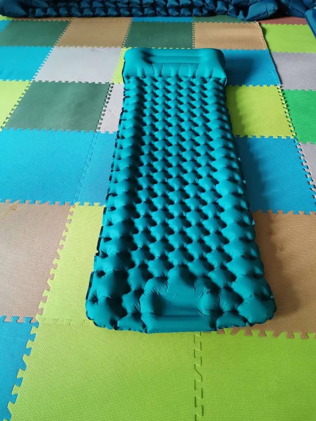 Camping Single Inflatable Air Mattress Teal Honeycomb Design Built-in Pillow Portable Waterproof Sleeping Pad For Hiking Travel