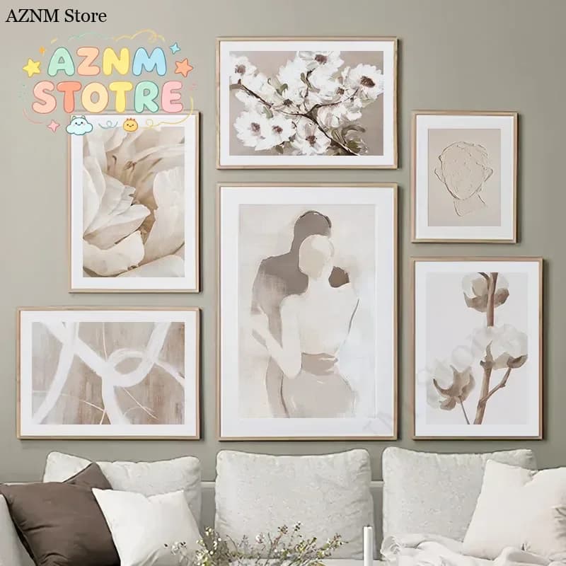 Beige Peach Blossom Swan Lover Spring Wall Art Canvas Painting Nordic Posters And Prints Wall Pictures Living Room Decoration