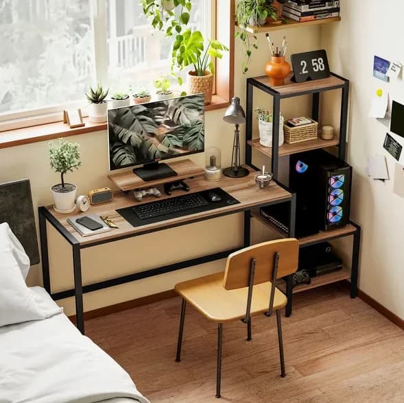 Scrivania per PC HOMCOM da 67", scrivania rettangolare per CPU con supporto per monitor, ripiani, poggiapiedi regolabili, marrone