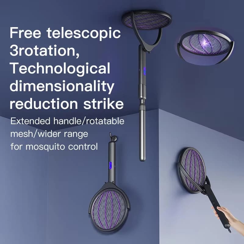 Racchetta Elettrica 4-in-1 per Insetti, Estensibile Telescopica, con Lampada UV 360°, per Uccidere Zanzare e Mosche ° Girevole per Casa e Ufficio