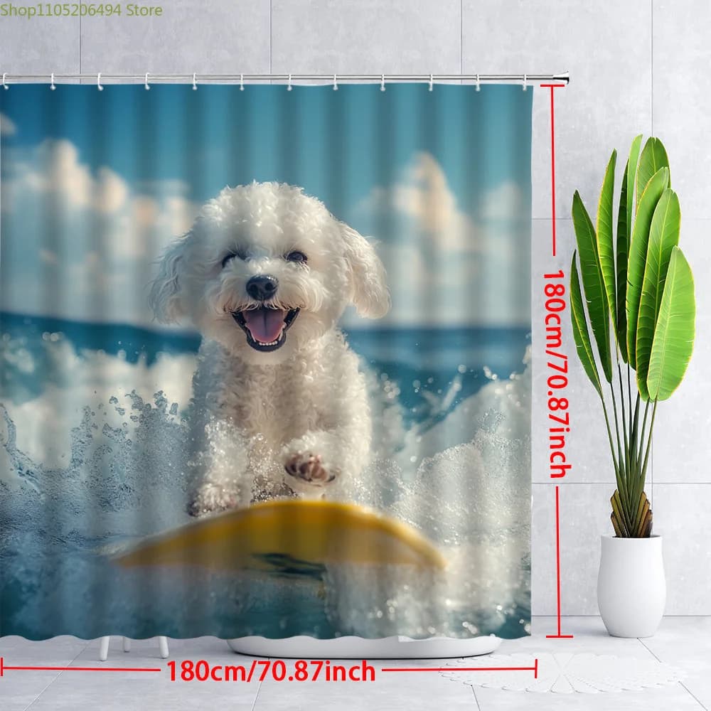 1 tenda da doccia con motivo cane maltese che surfava - Cane bianco giocoso su tavola da surf gialla, design con onde che schizzano, 180.01x180.01 cm