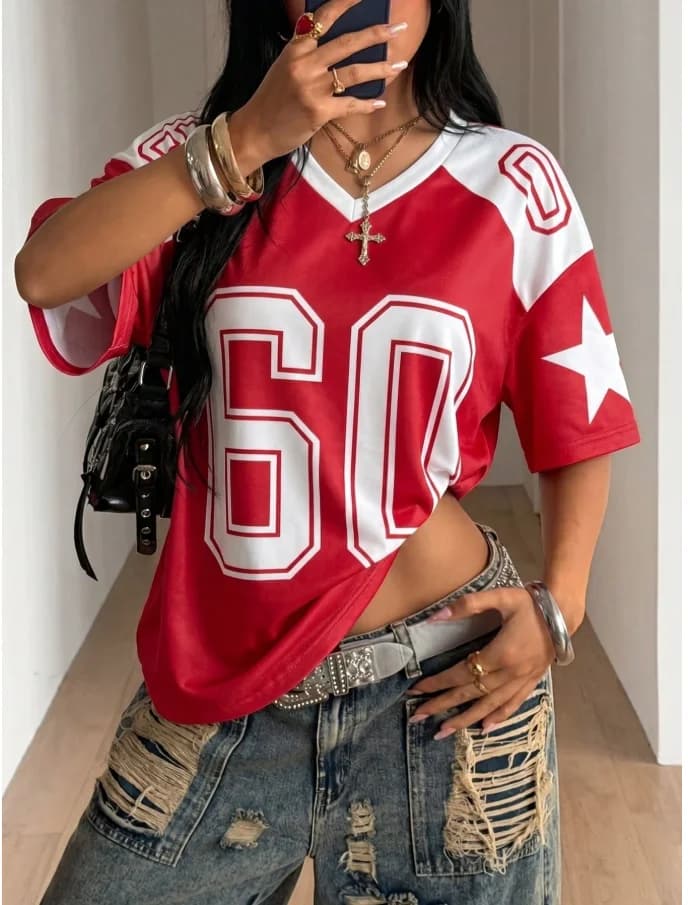 2026 Women Oversized V Neck Football Jersey, Star & 60 Color Block Top, Quick Dry Breathable Y2K Style for School Beach Vacation