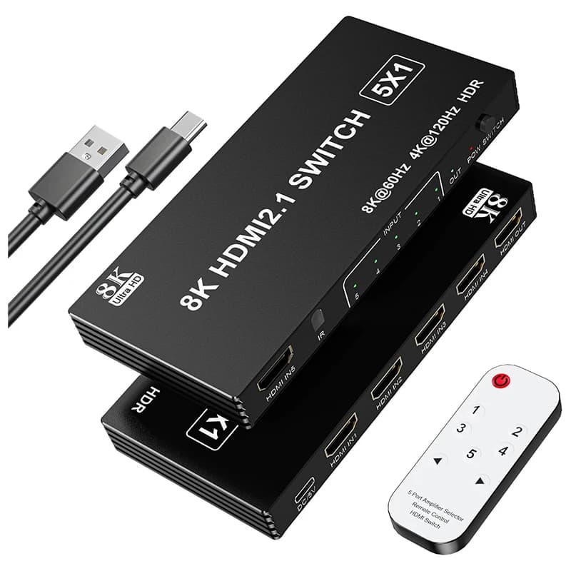 HDMI 2.1 8K 60 Hz Switcher HDMI 5 in 1 output 4K to 120 Hz with remote support 48 Gbps HDR10 HDCP2.3 CEC for PS5 Xbox TV