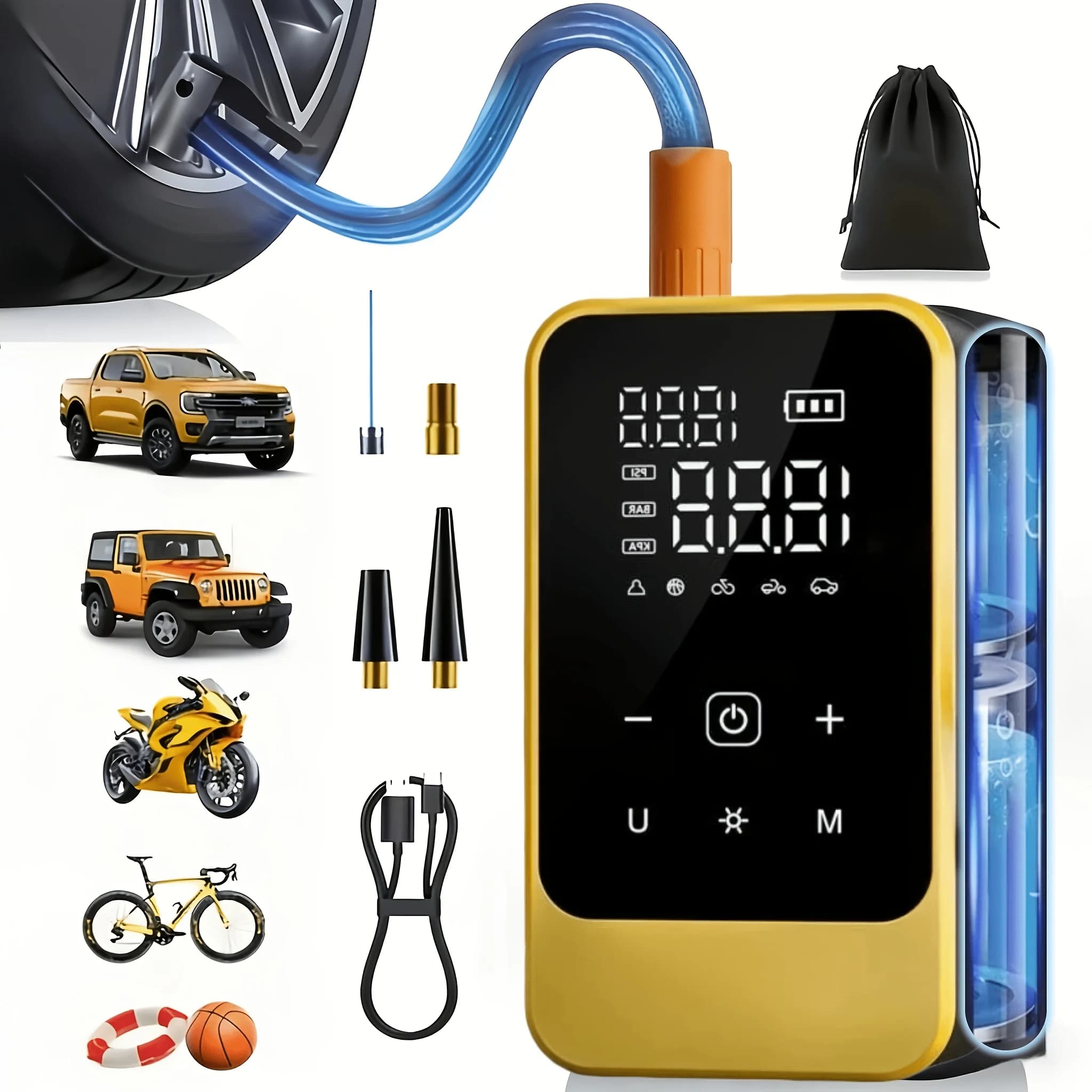 Pompa di gonfiaggio wireless per auto, gonfiatore portatile per pneumatici con manometro digitale, luce LED e funzione di emergenza