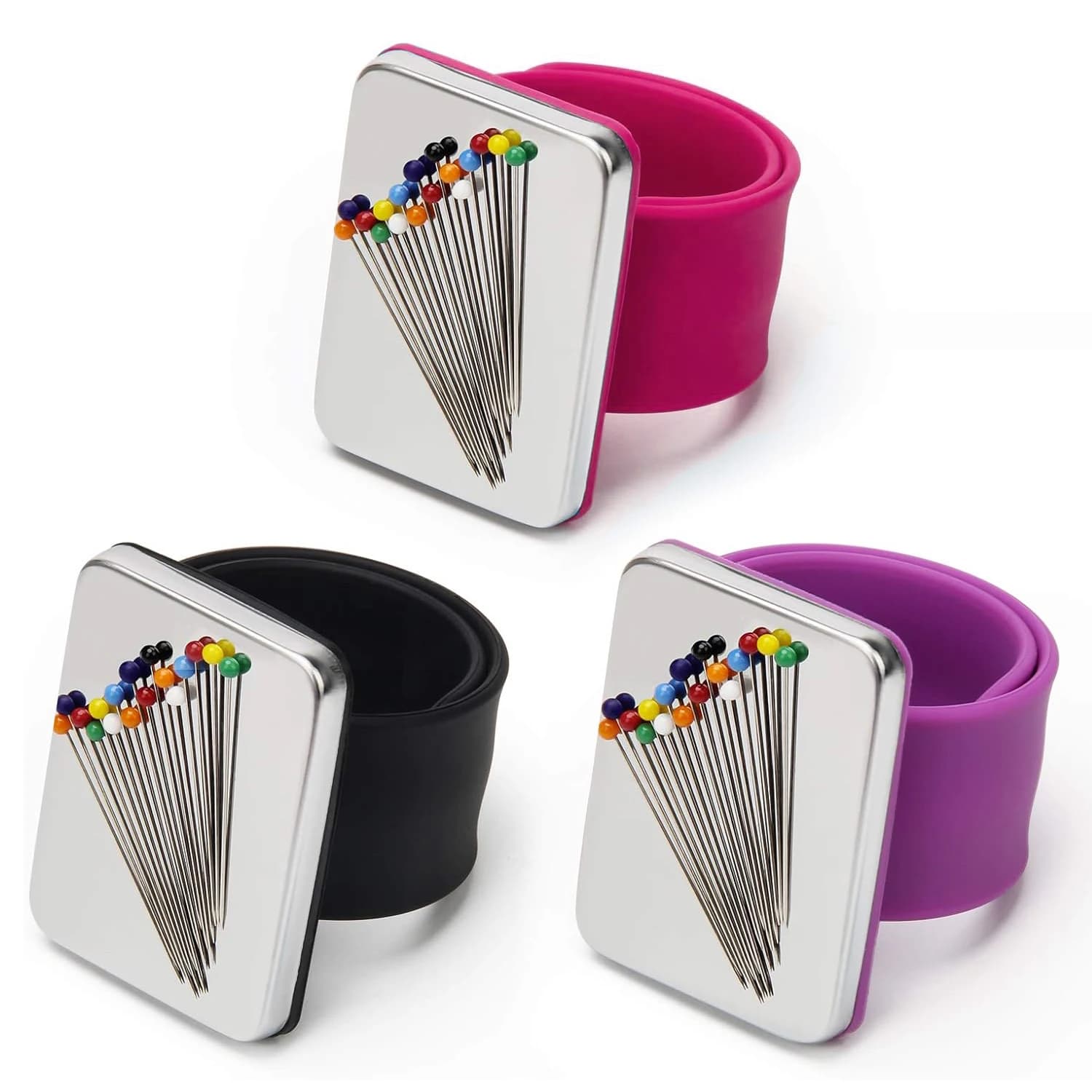 PinCushion da cucito magnetico Cuscinetto per ago da polso in silicone Bracciale sicuro Pin Cuscino per riporre spille per cucire Porta spille per braccialetto 3 colori