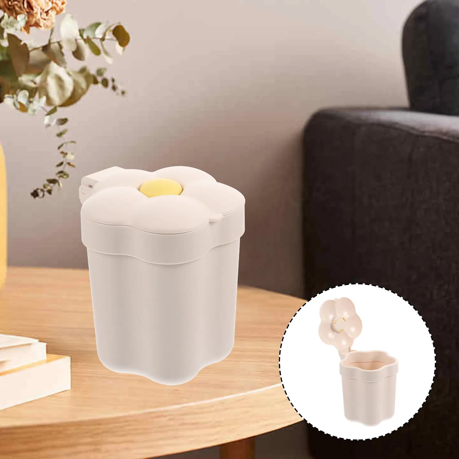 Piccolo cestino da scrivania con coperchio ribaltabile, design a forma di fiore, mini cestino per rifiuti compatto per ufficio, camera da letto, cucina
