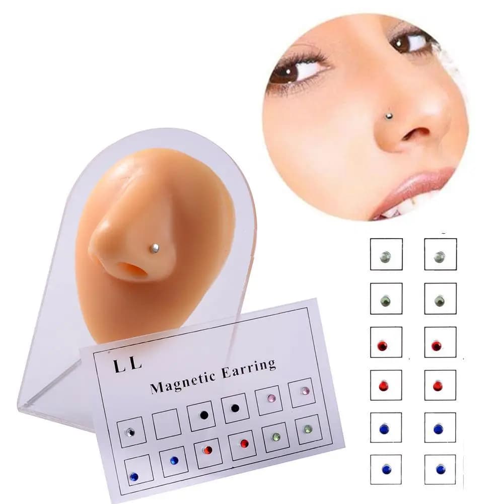 Anelli Magnetici per Naso e Orecchie Senza Piercing, 12 Pezzi, Borchie per Naso da Donna alla Moda, 3mm, Argento, Cristalli di Strass, Gioielli, Accessorio con Strass