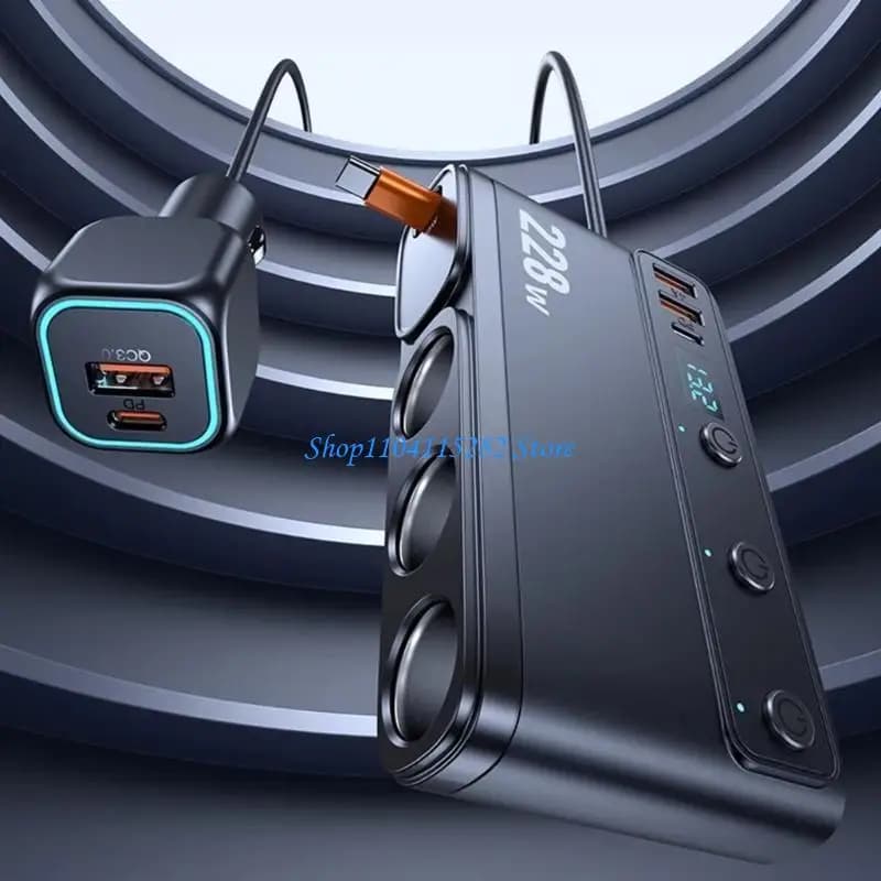 228W 9 in 1 USB C Car Chargers Adapter QC3.0 PD45W Fast Charging Telescopic Cable & LED Electric Display 12V-24V for Auto