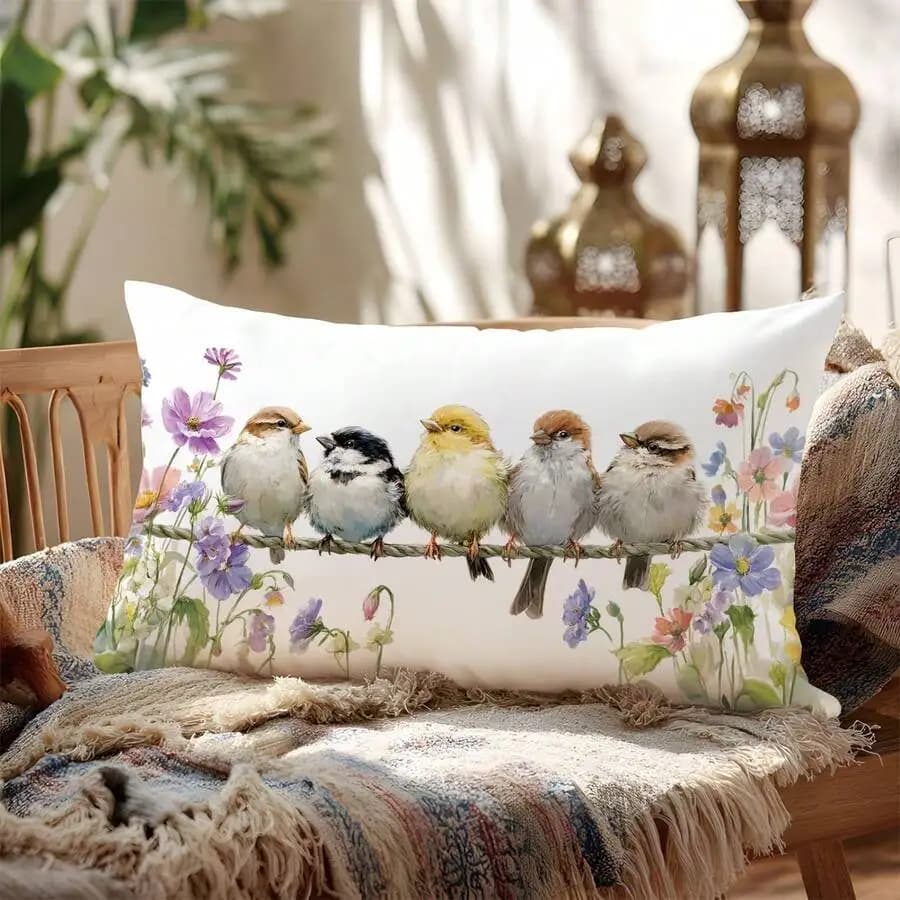 Spring Floral Bird Decorative Pillow Cover Single-Sided Printed Peach Velvet For Sofa Living Room