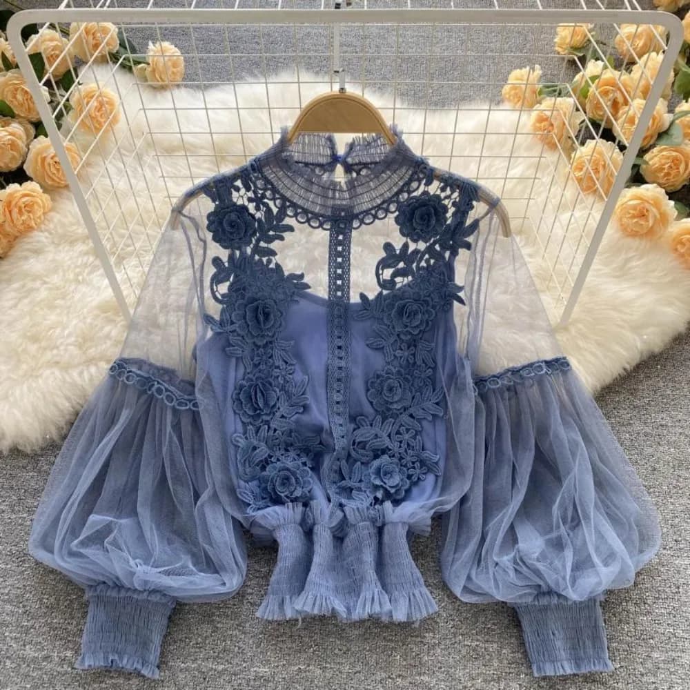 2Pcs/Set Lace Puff Long Sleeve Blouse Vintage Fashion Blouses Elegant Femme Blusas Korean Tops Women Shirts Clothing