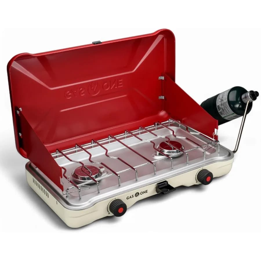 Fornello da campeggio portatile GasOne Fornello a doppio propano con accensione automatica a rotazione 22000 BTU Piano cottura da campeggio con 2 bruciatori e W
