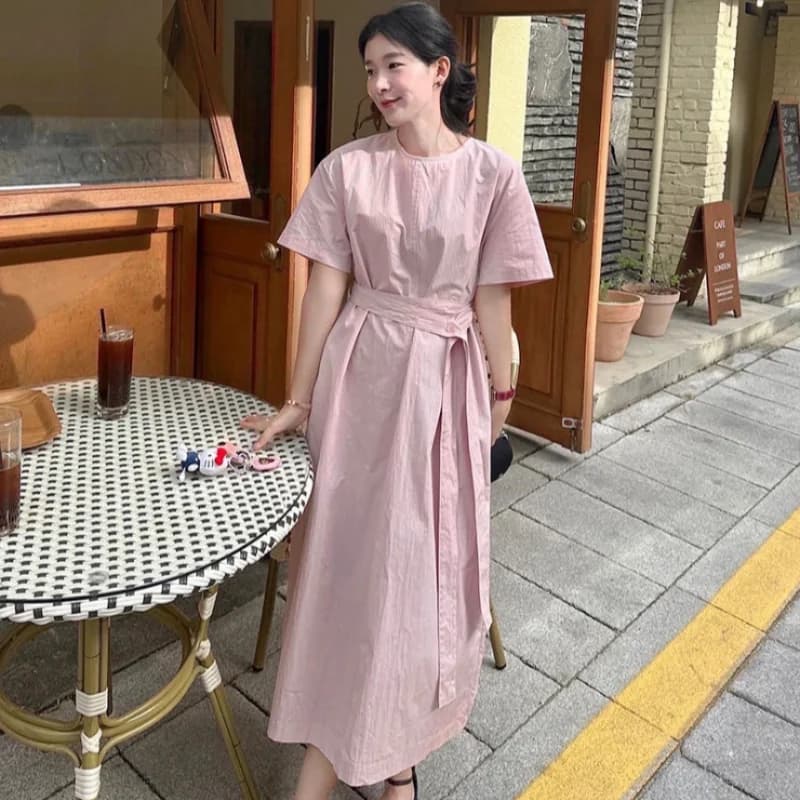Romantic Lazy Atmosphere Dongdaemun Women's Dress Waist Cinching Pocket Insertion Belt Included Summer Casual Short Sleeve