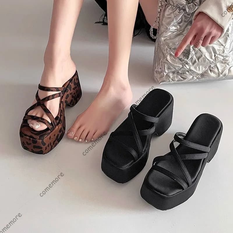 Leopard Platform Mules Cross Strap Open Toe Chunky Sandals Square Toe Thick Sole Summer Wedge Slides Female Summer Zapatos Mujer
