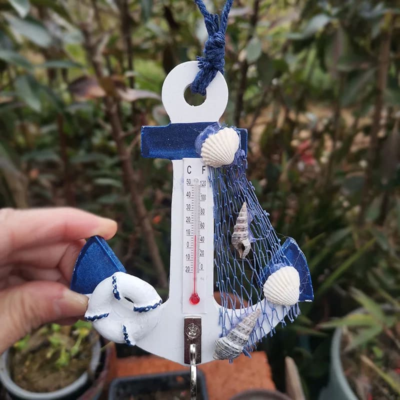 Mediterranean Style Thermometer Anchor Seashell Wall Hook Home Decor Hanging Ornaments Wood Crafts Figurine