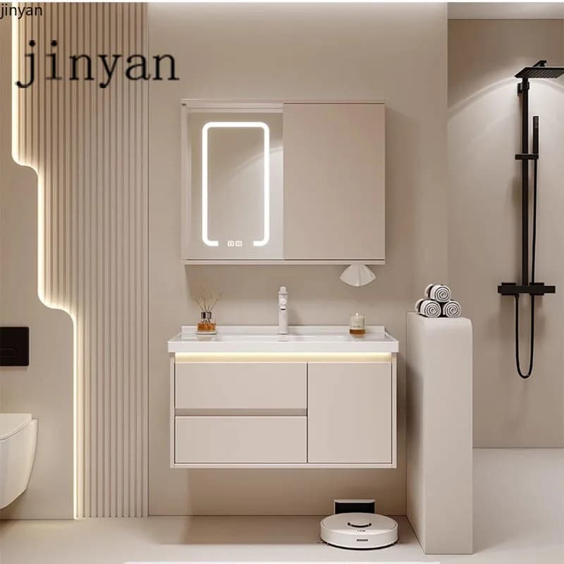 Mobile Bagno Vintage con Lavabo in Ceramica, Specchio e Illuminazione, Mobiletto per Toilette, Arredamento Casa