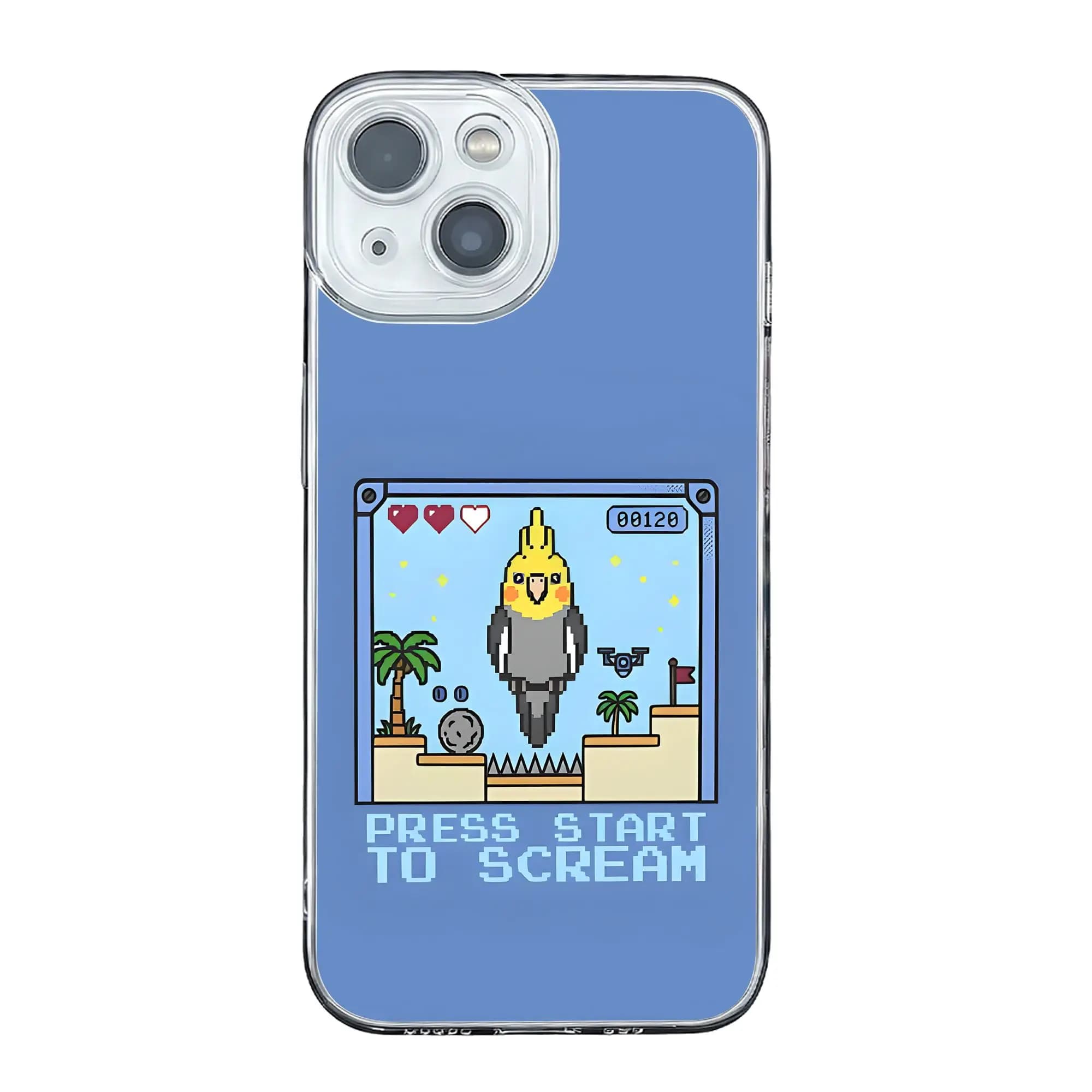 Cover anti-collisione per iPhone 17 16 15 14 13 12 11 Pro Max con design Pixel Nerd Cockatiel che urla 'Press Start'
