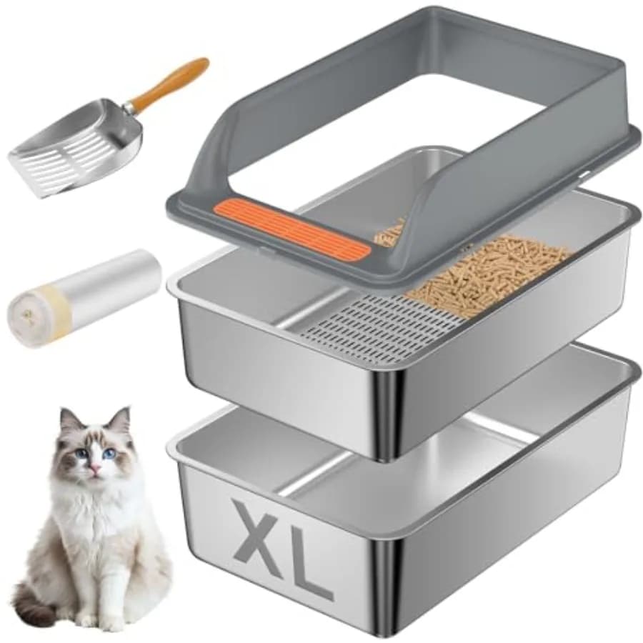 Stainless Steel Sifting Litter Box with Lid, XL Extra Large Sifting Cat Litter Box for Pine Pellets Big Cats, Metal Pellet Sift