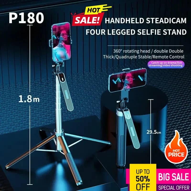 Treppiede per selfie da 180 cm con rotazione a 360 gradi, supporto pieghevole portatile per telefono, stabilizzatore, adatto per riprese video P180