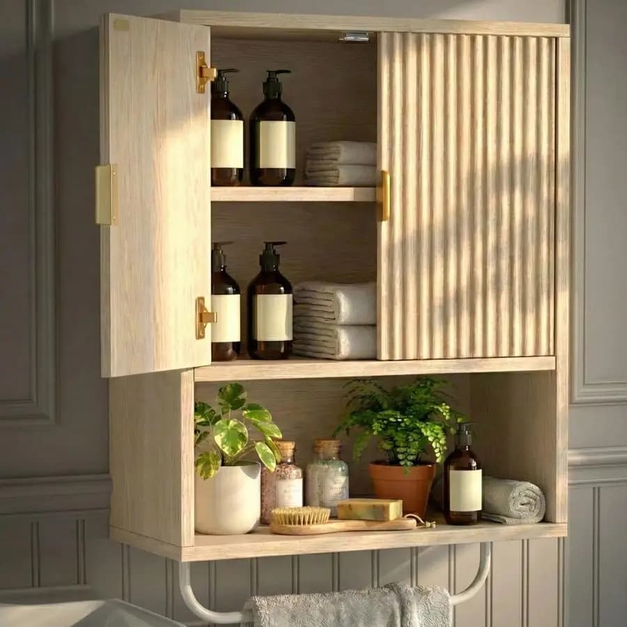 Armadietto da parete senza specchio in legno scanalato con portasciugamani, organizer portaoggetti da montare sopra il WC, stile rustico farmhouse