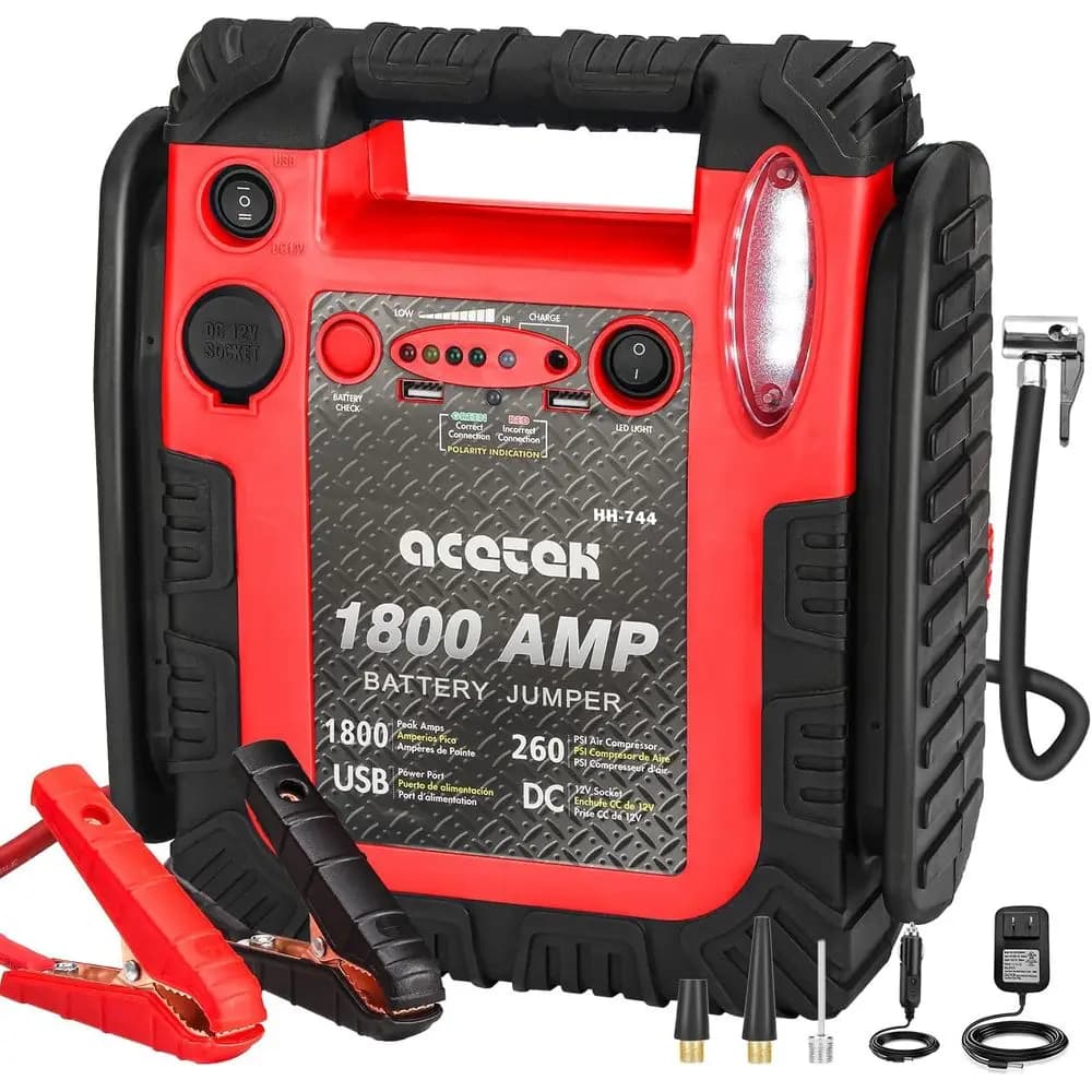 Avviatore di Emergenza Portatile 1800A con Compressore d'Aria, Gonfiatore Pneumatici 260PSI, Booster Batteria 20000mAh 12V per Motori Benzina/Diesel, LED