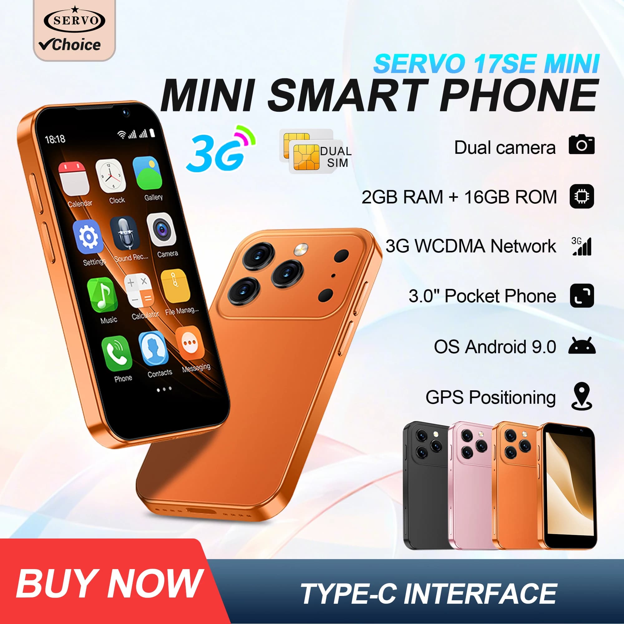 2026 SERVO 17SE Mini Smartphone con Display da 3.0 Pollici, Android 9.0, Dual SIM Standby, Rete 3G, Telefoni Cellulari Economici, 2GB RAM, 16GB ROM