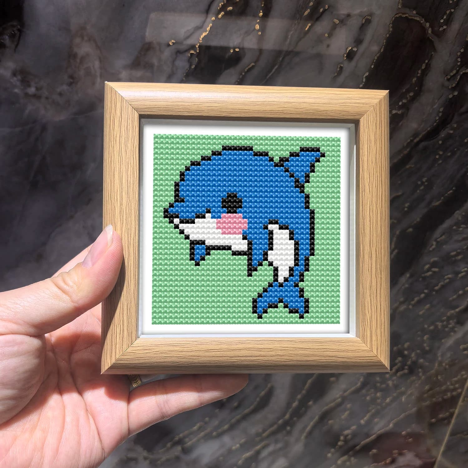 Kit Punto Croce Delfino, con Set Cornice Esterna, Pacchetto Materiali Fai-da-te, Decorazione da Scrivania Animale Marino Carino, Ricamo Stampato Adatto ai Principianti