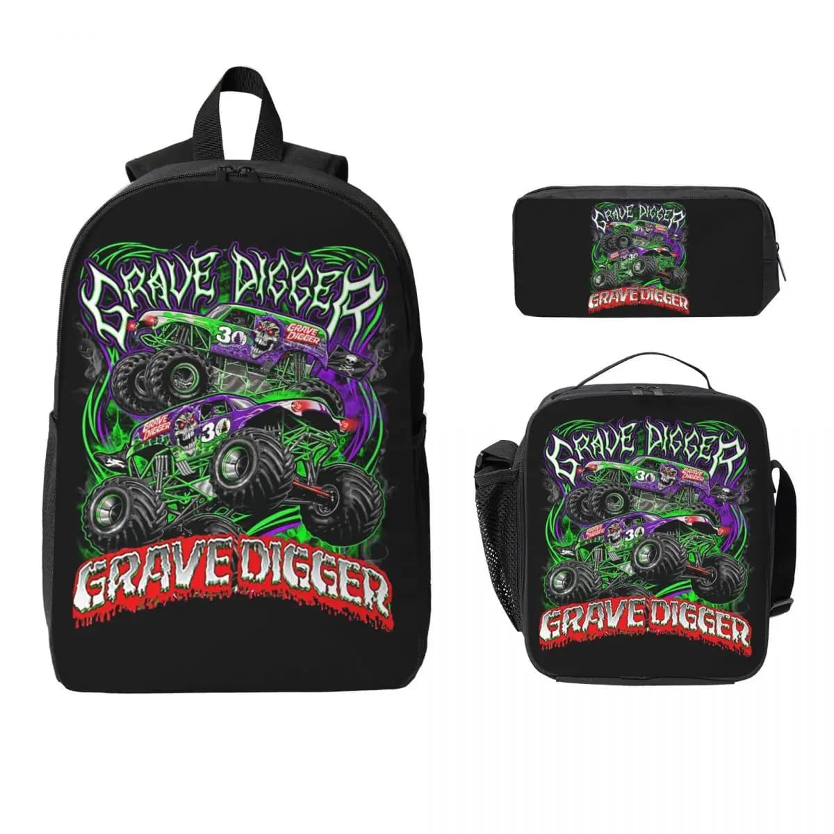 Monster Jam Grave Digger Monster Truck Zaino Borsa per libri Borsa per la scuola Borse a tracolla per computer 3 pezzi Borsa termica per il pranzo Astuccio per matite