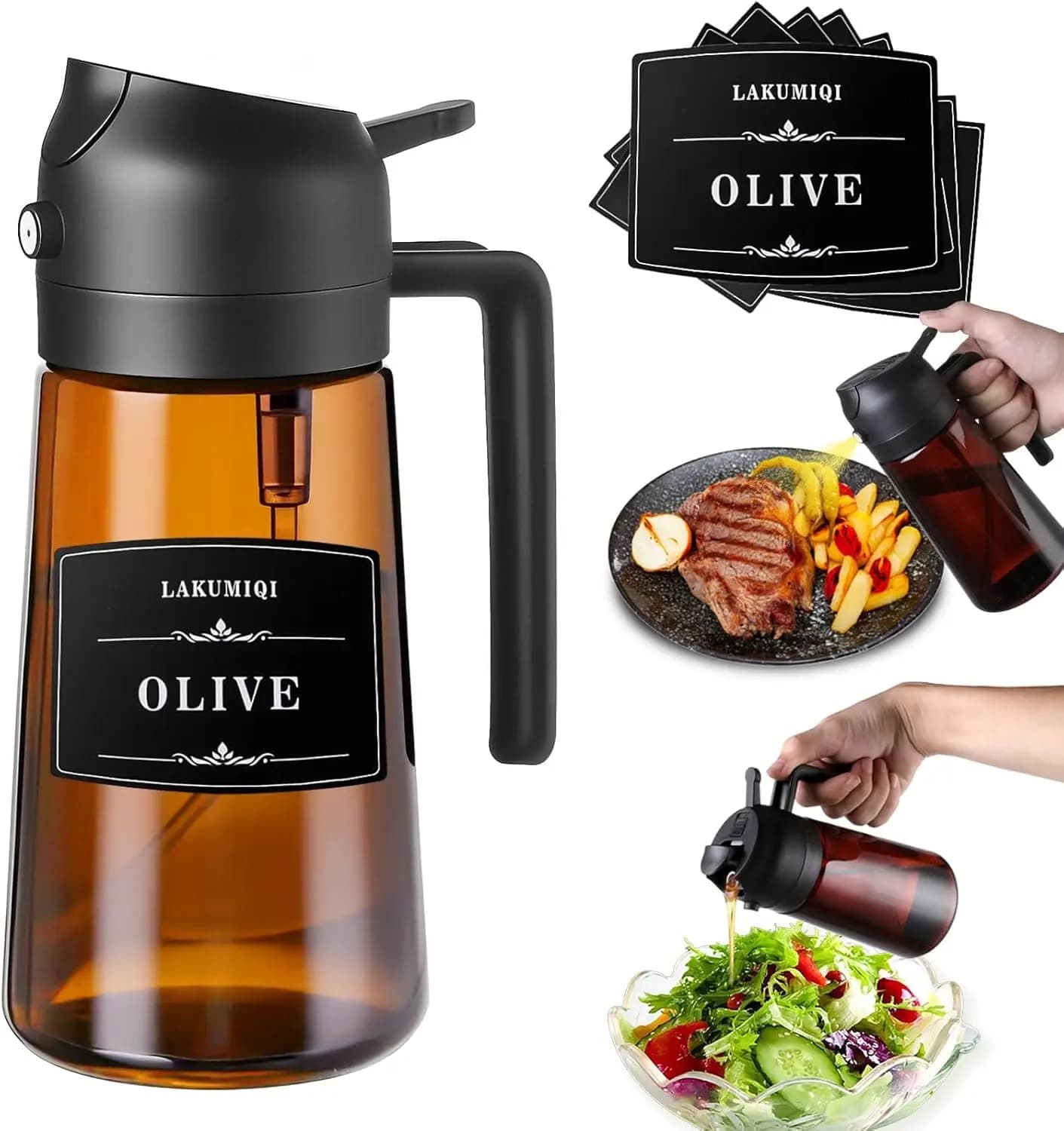 Spruzzatore e Dispenser di Olio 2-in-1 in Vetro, Bottiglia Anti-UV da 16oz per Cucina Sana, Insalate, Friggitrice ad Aria