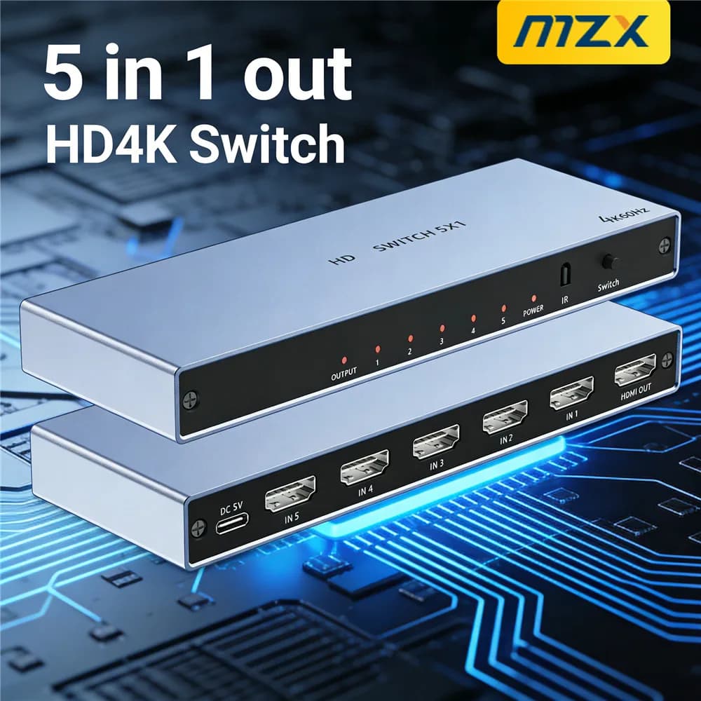 Switch KVM MZX 5 in 1 out 4K HDMI 2.0 compatibile con 60Hz 30Hz, splitter e adattatore con telecomando per PC, computer portatile e accessori.