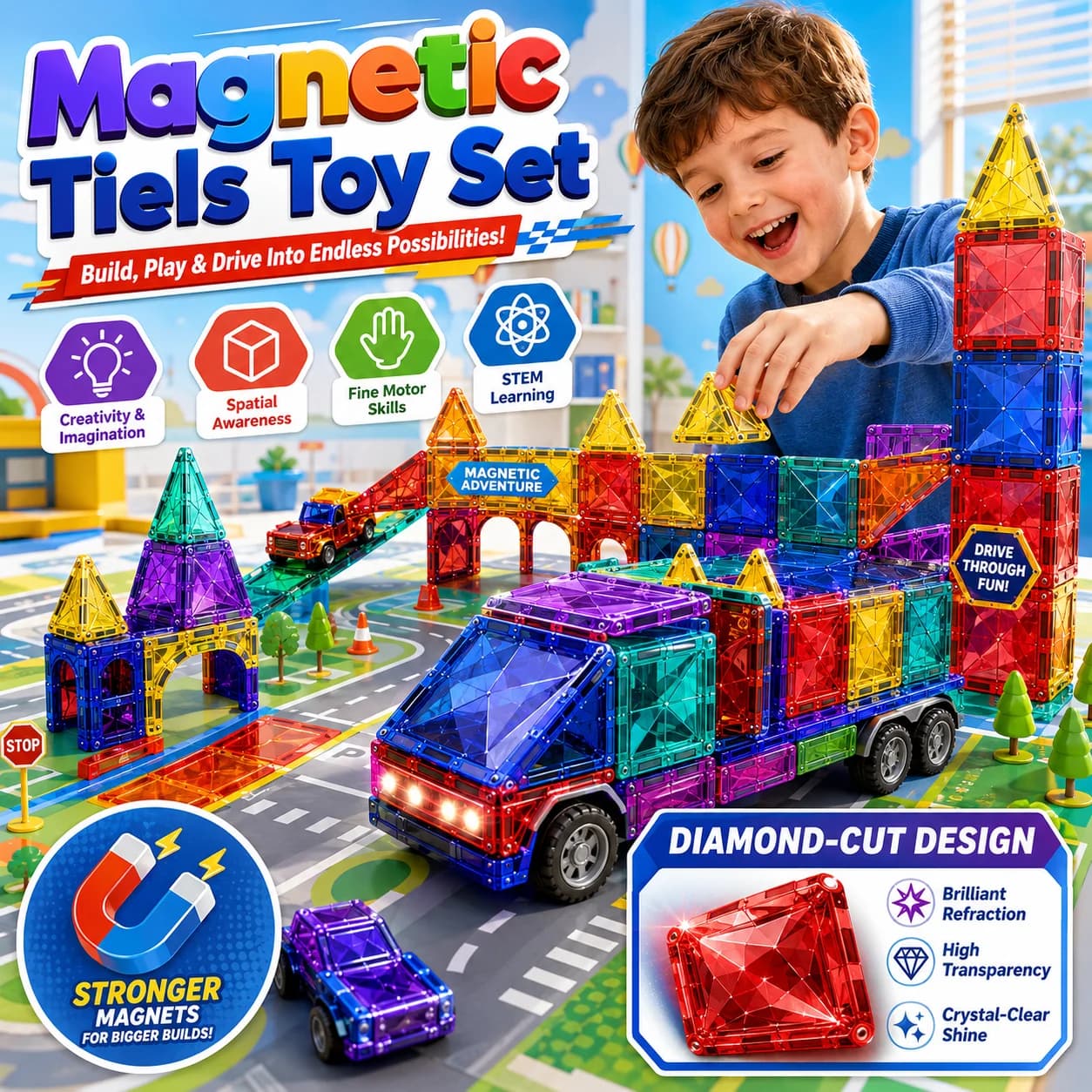 New Magnetic Tiles Diamond‑Cut Surface Building Blocks STEM Magnet Construction STEM Montessori Sensory Magnet Toys Gift for Kid