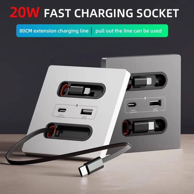 20 W fast charging USB socket with charging cable Type C charging cable for mobile phone charging by nightstand for universal smart airport