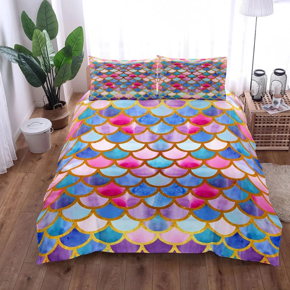 Set copripiumino con squame a sirena, set biancheria da letto king size, matrimoniale, matrimoniale, singolo