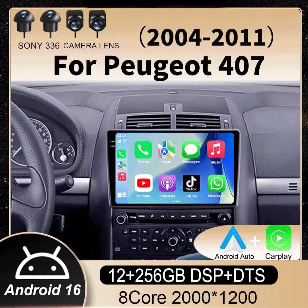 Autoradio Android 16 with Carplay for Peugeot 407 1 2004-2011, Multimedia Reader Video, Monitor, GPS Navigation, Stereo BT