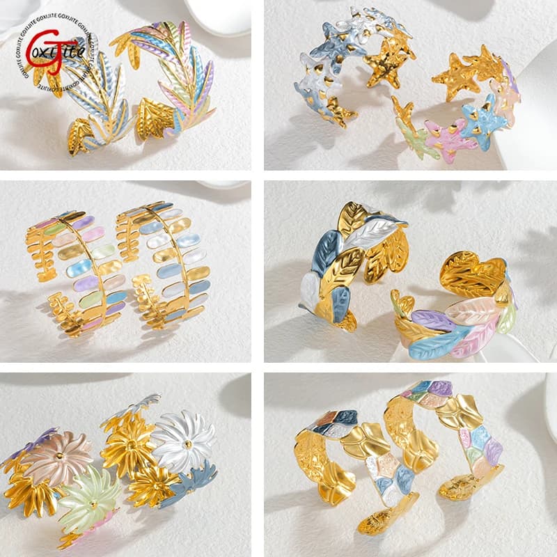 Goxijite Vari stili di braccialetti con foglie di fiori Braccialetti colorati in acciaio inossidabile aperti larghi Regali di gioielli da donna di nuovo stile