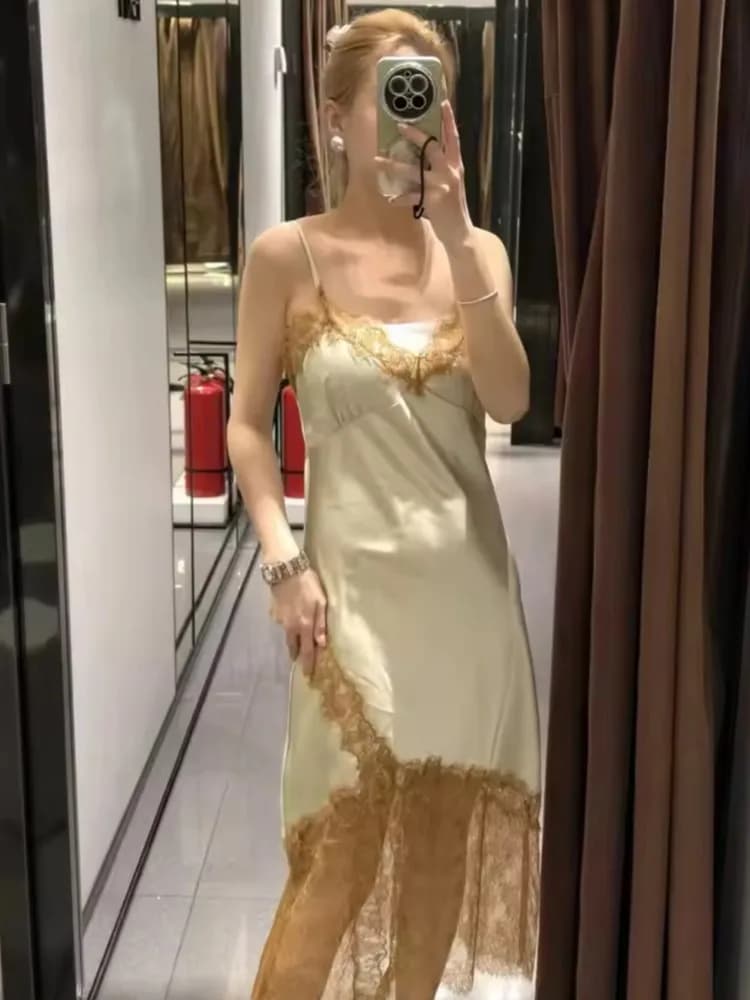Abito Lungo da Donna in Raso e Pizzo, Sexy con Schiena Scoperta, Spalline Sottili e Scollo a V, Elegante Vestito Midi Femminile