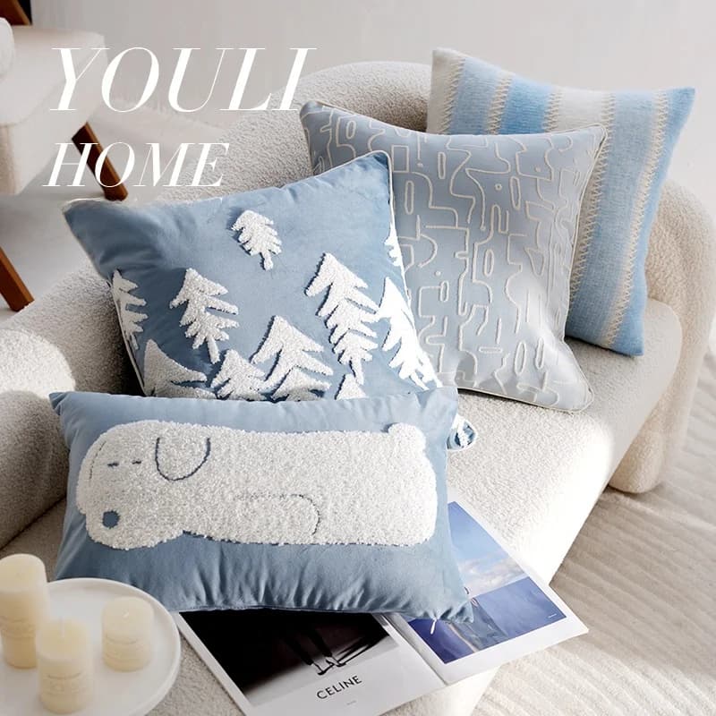 Cuscino per Bambini Blu con Motivi Cartoon, Copridivano e Coprifinestra con Imbottitura in Fibra di Poliestere Color Crema, Decorazione Universale per la Casa