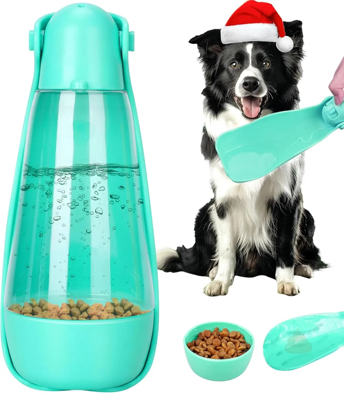 Bottiglia d'Acqua Pieghevole 3-in-1 per Cani con Contenitore per Cibo e Paletta per Escrementi, Antigoccia, 415 ml per Viaggi