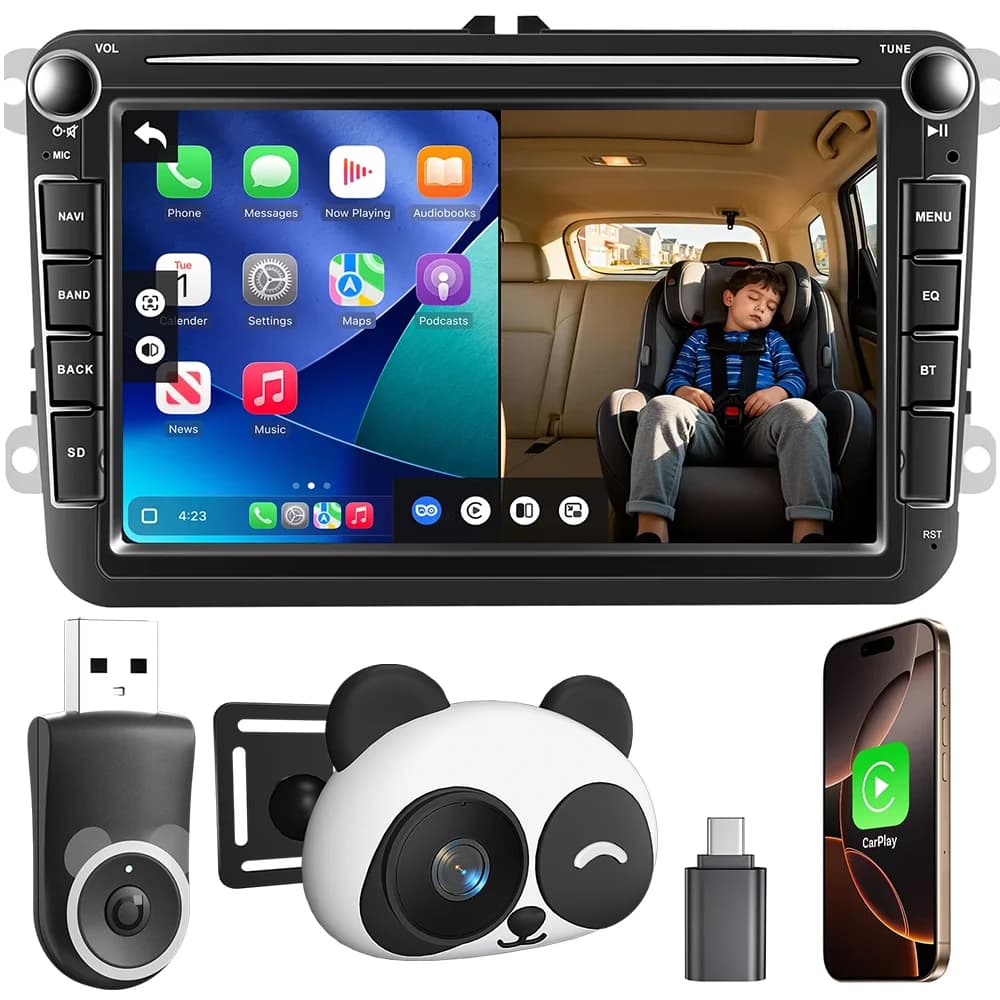 Adattatore CarPlay Wireless UHULAMB Cabin Care con Telecamera per Bambini 1080P HD 150 ° Monitor per Sedile Posteriore con Visione Notturna ad Angolo Ampio e Visualizzazione in Tempo Reale