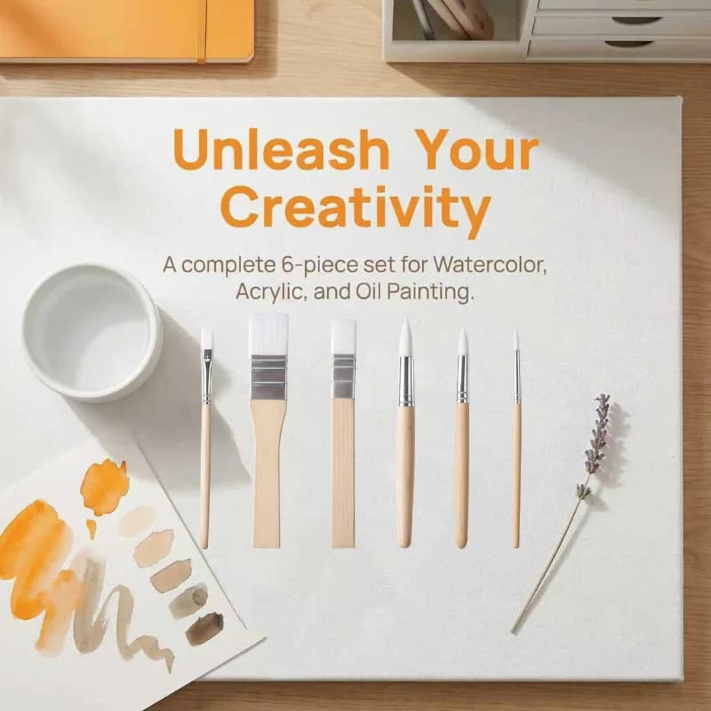 6Pcs Nylon Paint Brush Set, Ergonomic Wood Handle, Flat Pointed Tip Brushes for Oil Acrylic Watercolor Art Painting