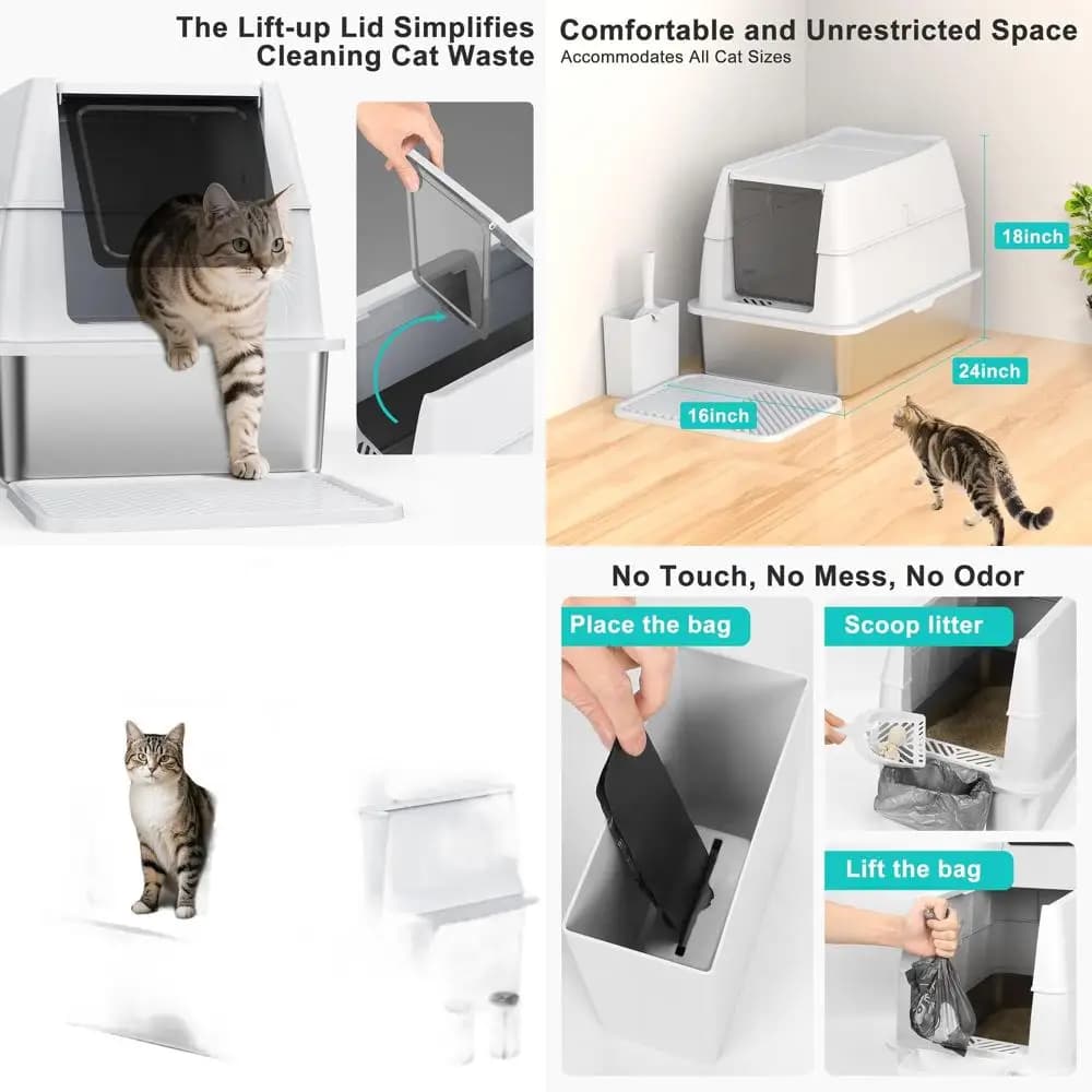 Lettiera per Gatti Extra Large in Acciaio Inox con Coperchio, XL Chiusa in Metallo per Gatti Grandi, Facile da Pulire, Bordi Alti per Prevenire Perdite