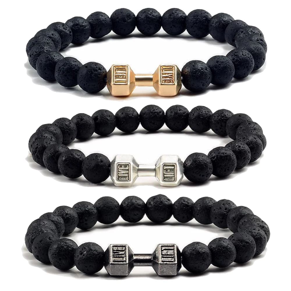 Men's Natural Volcanic Stone Bracelet Matte Black Lave beads White Bracelets with Wires with Handlebar Fitness Jewellery with Women's Barbell