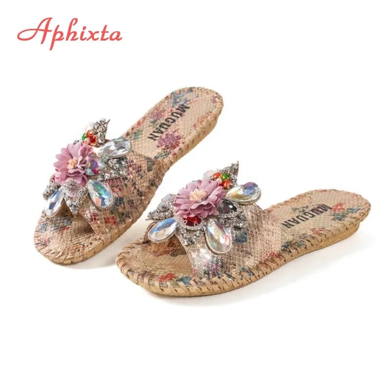 Aphixta Ciabatte Donna Taglie Forti 35-43 Estate 2026 con Cristalli Scintillanti e Fiori, Sandali Bassi in Paglia Intrecciata, Ciabatte Casual da Esterno e da Spiaggia