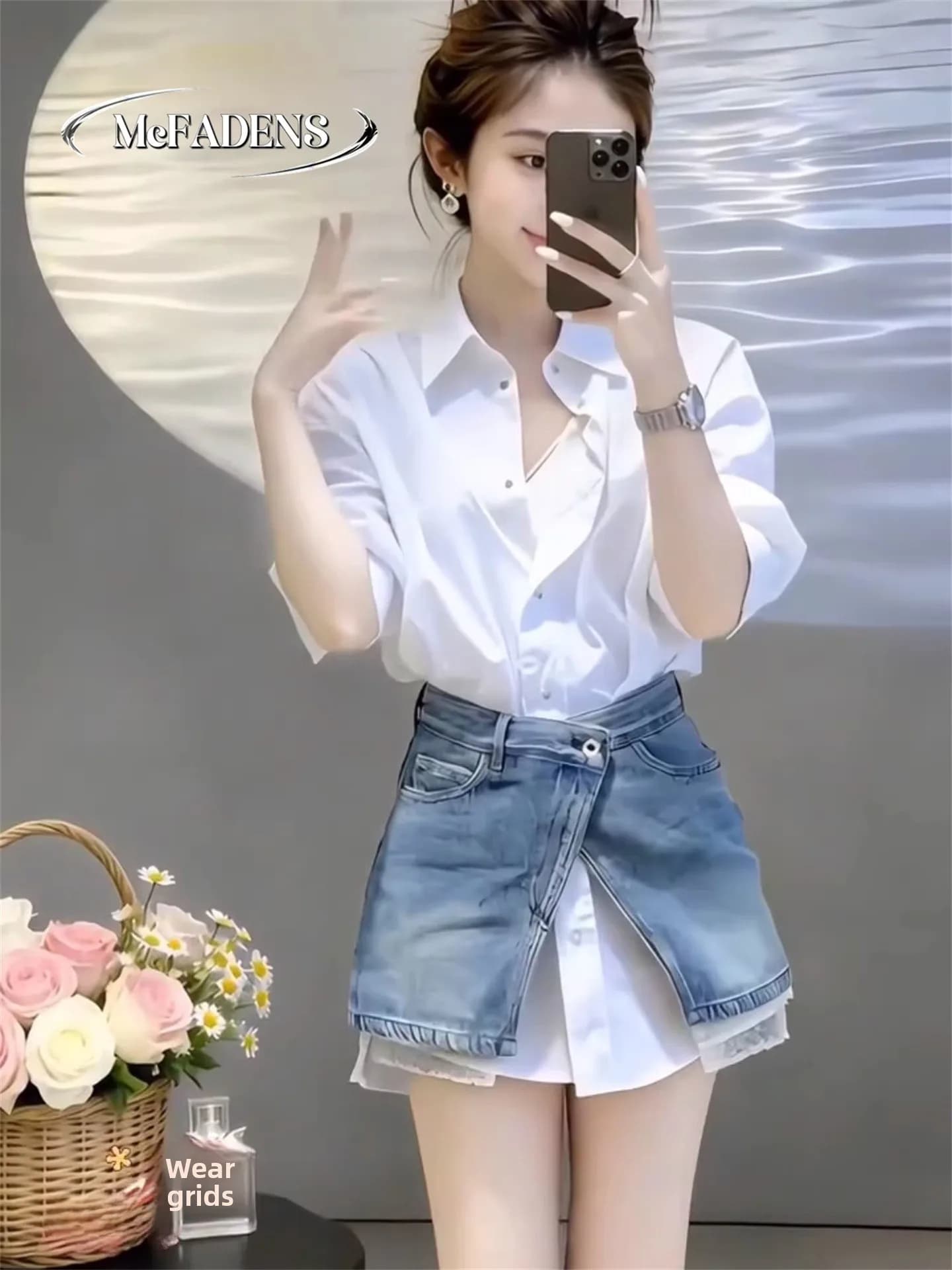 Faionable Two-Piece Set Women's irt Dr Mid-Length Denim Waist Belt Slimming Spring 2026 New Arrival Hong Kong Sle